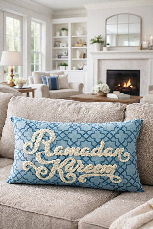 Rectangular Punch Embroidered Cushion Cover - 50*30 cm - Petrol Blue Greeting - Ramadan Kareem - Pnk001