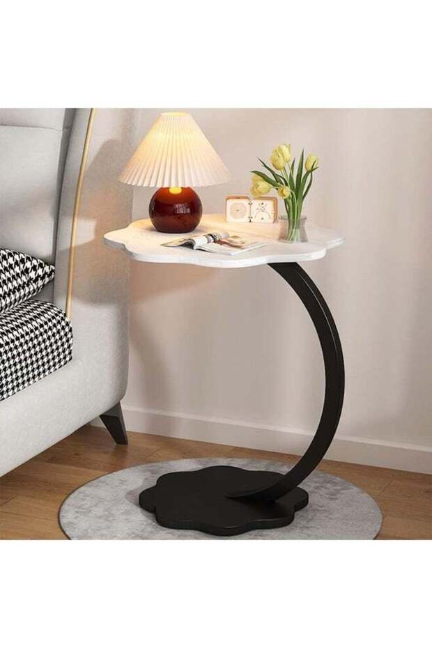 C-Shaped Sofa Table, Modern End Table with Marble Finish, Living Room Use