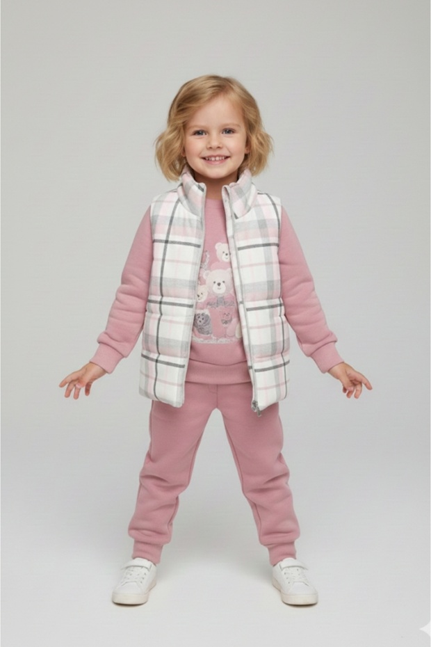 Girl's Zipper Closure Puffer Vest Three-In-One Thick Sweat Bottom Tracksuit Set