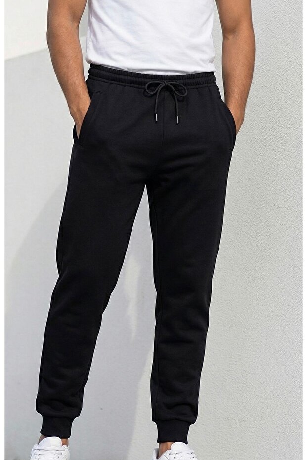 Black Men's Sweatpants 3 Thread Non-Fleece Drawstring Elastic Waist Leg Elastic Comfortable Fit Single Bottom