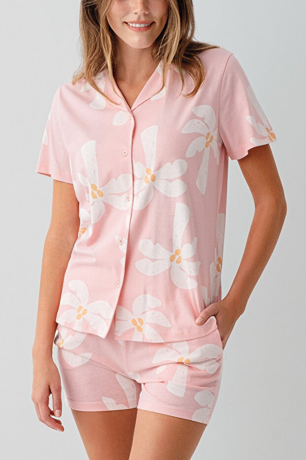 Kadın Pembe Gömlek Şort Takım - 3