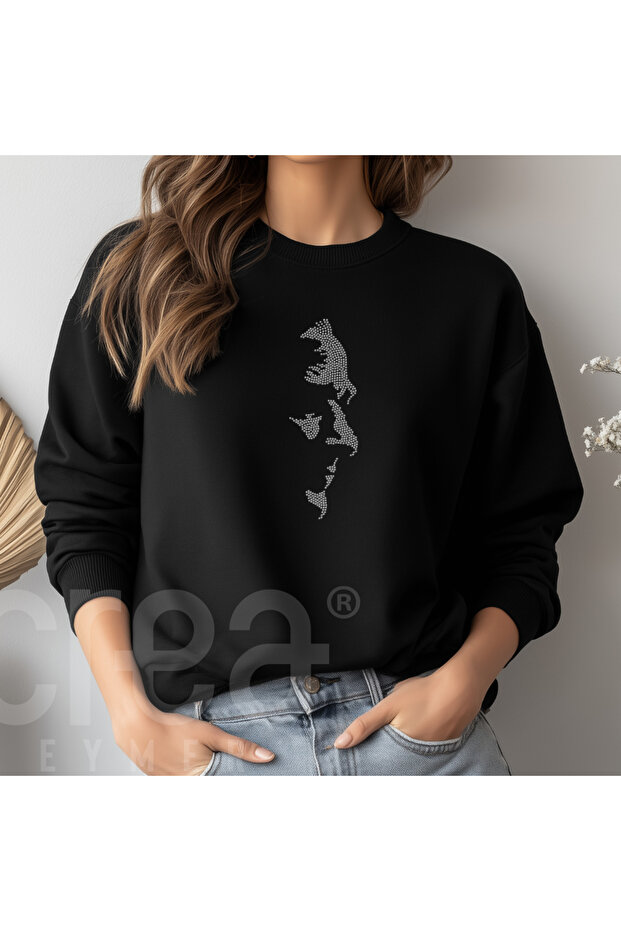 Crystal Stone Ataturk Silhouette Printed Crew Neck Sweatshirt - Black