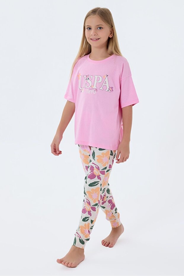 Girl's Crew Neck Embroidered Summer Regular Fit Pink Pajama Set Us2503-C-V2