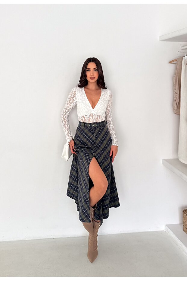 Women's Plaid Patterned Button-Front Belted A-Line Skirt - Full Fit Transitional Classic Cut