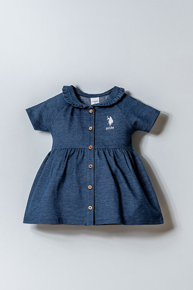 Baby Girl Buttoned Collar Embroidered Summer Regular Fit Blue Dress Usb2967-C-V1