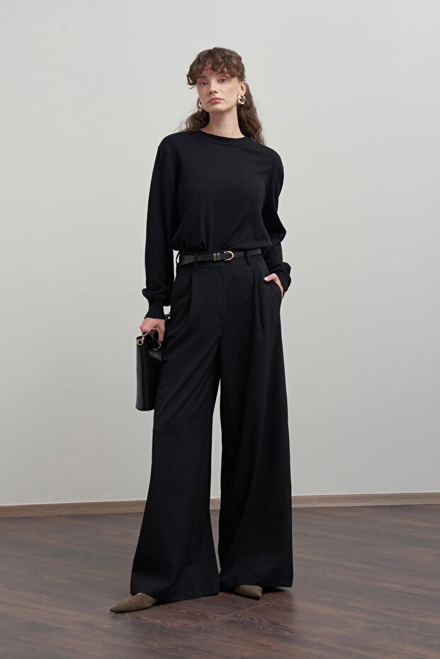 بنطلون بولي فيسكوز أسود مطوي - 1