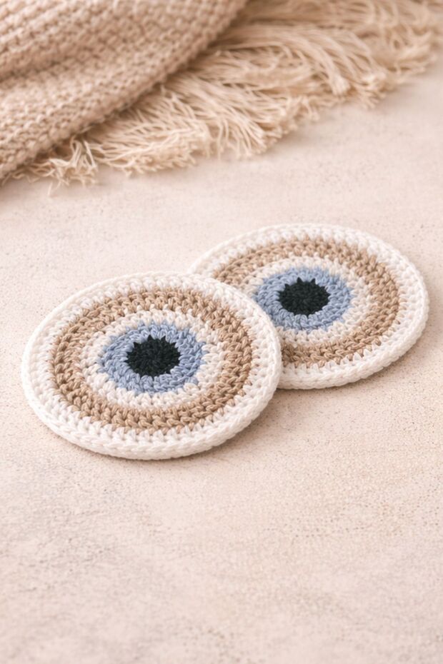 Hand Knitted Evil Eye Patterned Coasters – Set of 2, Decorative Cup Coasters