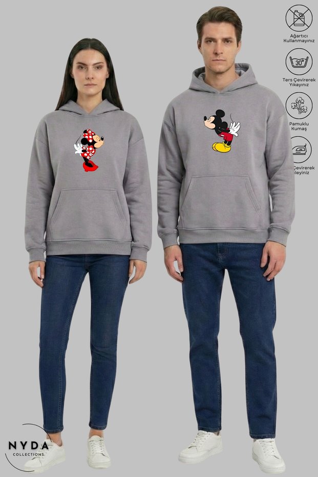 Lover Couple Combination Minnie Mickey Printed Hoodie Hooded Fleece-Lined Oversized Sweatshirt 2-Piece Set