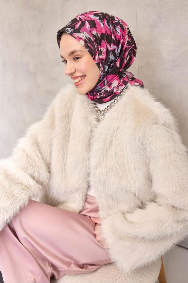 وشاح ناعم من القطن والبوليستر باللون الأسود الفوشيا بنمط ديزي كبير 90x90