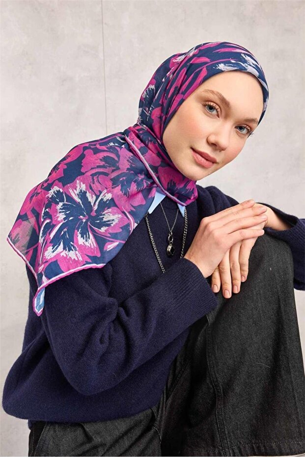 وشاح ناعم من القطن والبوليستر باللون الأزرق الفوشيا بنمط ديزي كبير ومتين 90x90