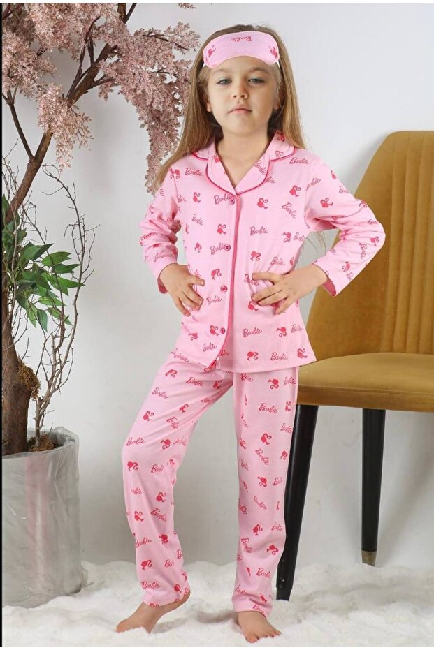 Printed Girls' Pajama Set with Front Buttons, Long Sleeves and Sleep Band