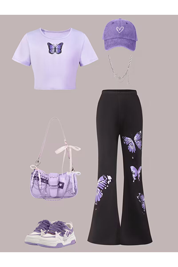 Children's New Butterfly Printed Crop T-Shirt- Flared Leggings Set
