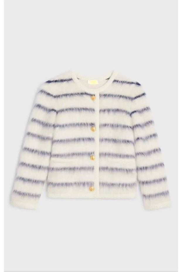 Women's Crew Neck ''black'' Striped and Feathered Gold Button Knitwear Cardigan