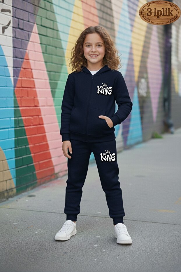 Girl's 3 Thread Ş Fleece-Lined King B Printed Zippered Tracksuit Set