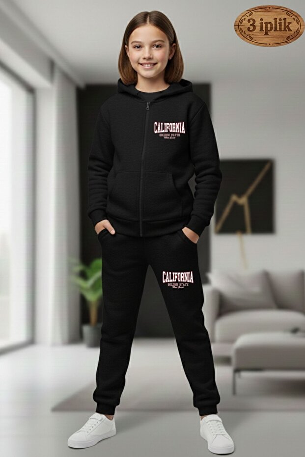 Girl's 3 Thread Ş Fleece-Lined California B Printed Zippered Tracksuit Set