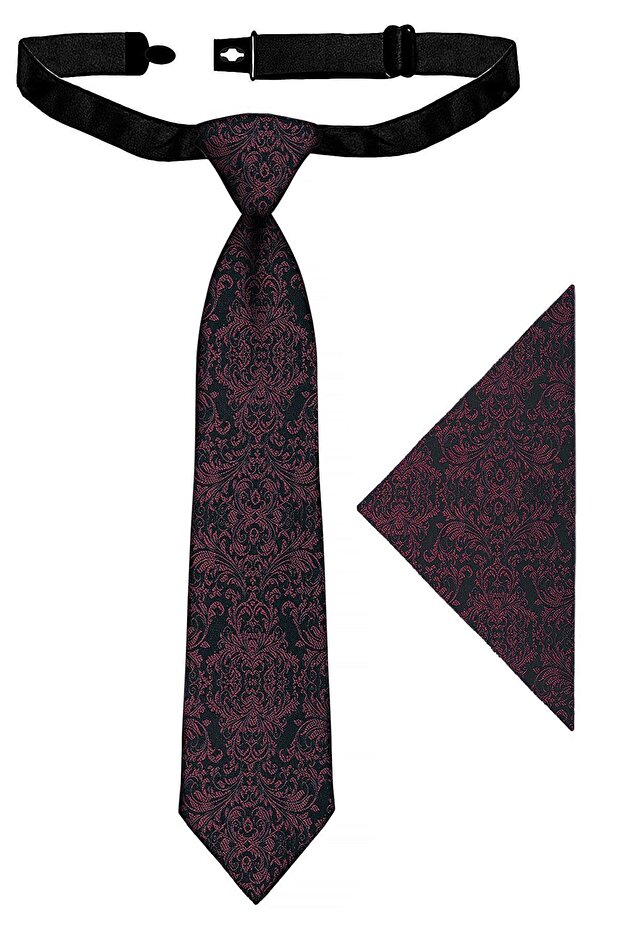 Burgundy jacquard adjustable satin 8-16 years old children's tie and handkerchief set