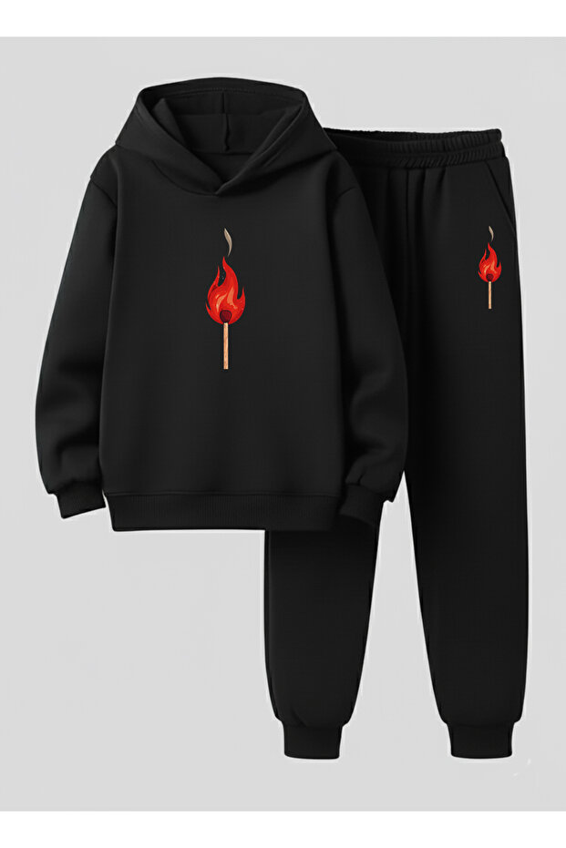 Children's Hooded Sweatshirt - Tracksuit Set Ki̇bri̇t Ba Printed Threaded Ribbed