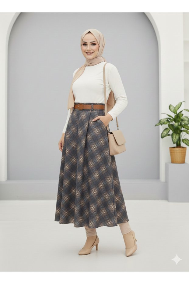 Women's Plaid Patterned Skirt with Waist Zipper and Belt