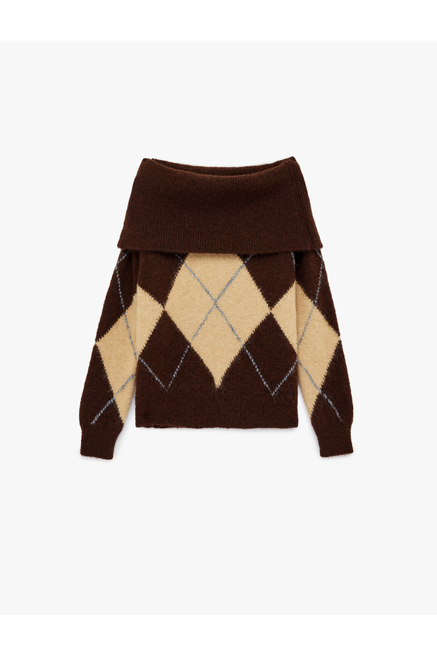 Long Sleeve Off Shoulder Argyle Pattern Knitwear Oversized Sweater