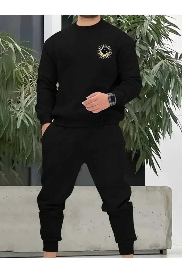 Men's Bottom Top Set Crew Neck Sweatshirt with Sun Print Design