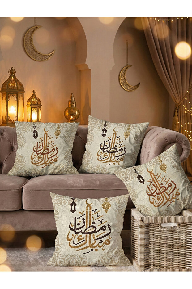 Ramadan Themed Gold Beige Embroidered Digital Print 4-Piece Cushion Cover Set