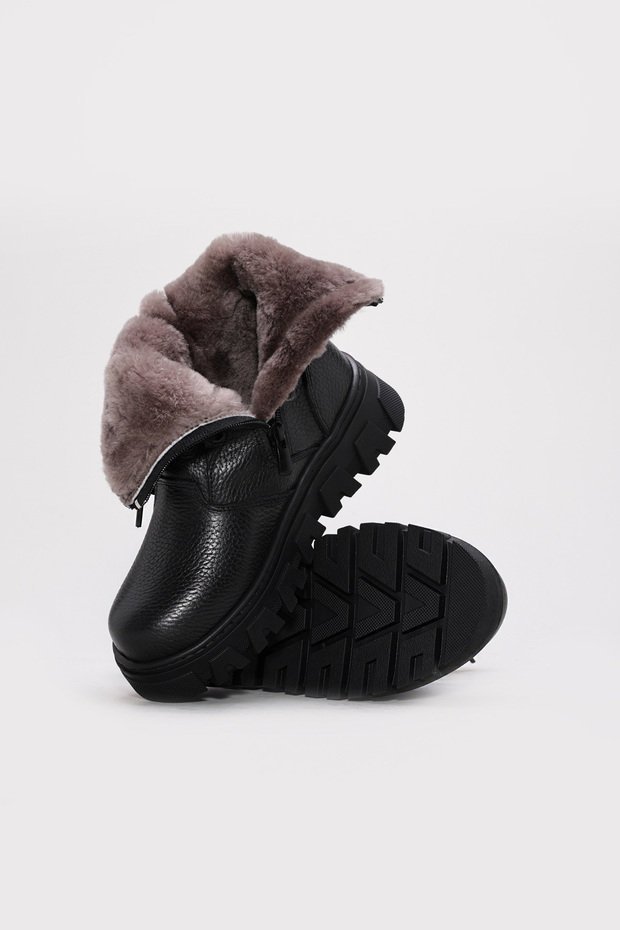Black Unisex Fur Genuine Leather Lace-Up Zippered Rubber Sole Boots Tg0977011241614