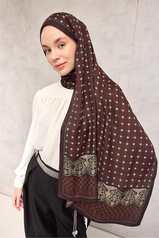 Floş Viscose Organic Shawl with Burgundy Rope Pattern and Tok Duruşlu Design 75X195