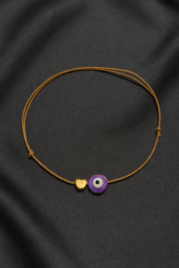 Purple Pearlescent Evil Eye Beaded Gold Heart Detailed Rope Bracelet - Does Not Tarnish