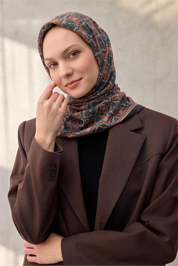 Viscose Velora Scarf with Clover Pattern Petrol Green Tok Duruşlu 90X90