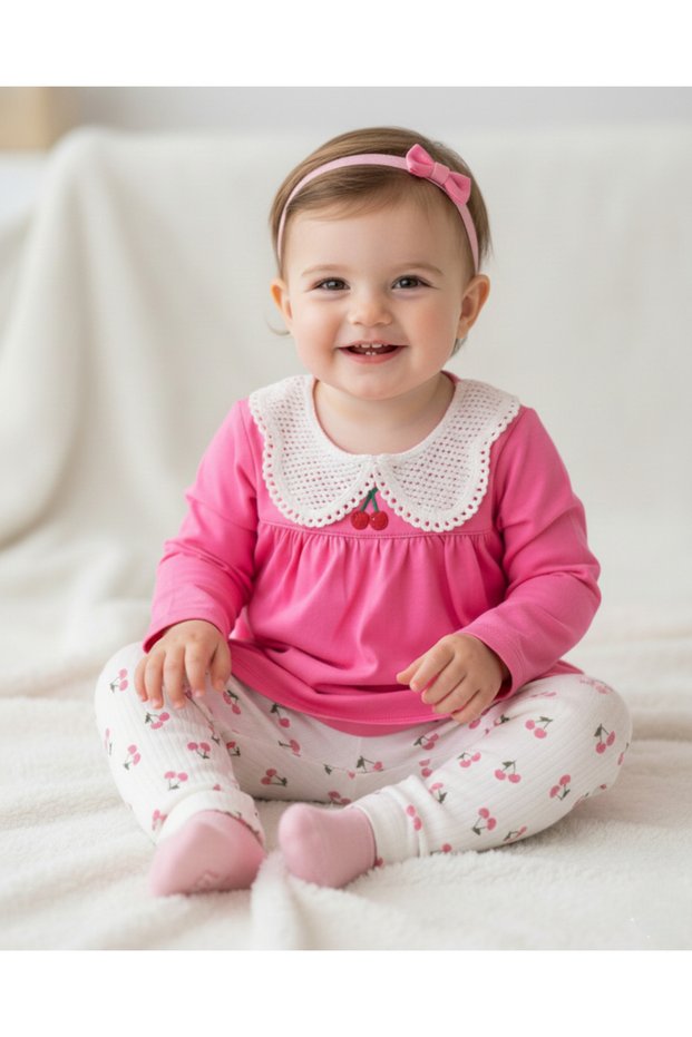 Baby Girl Cherry Printed Corded Fabric Tights and Blouse 6-9-12-18-24 Months Transitional Bottoms Top 2-Piece Girl Set