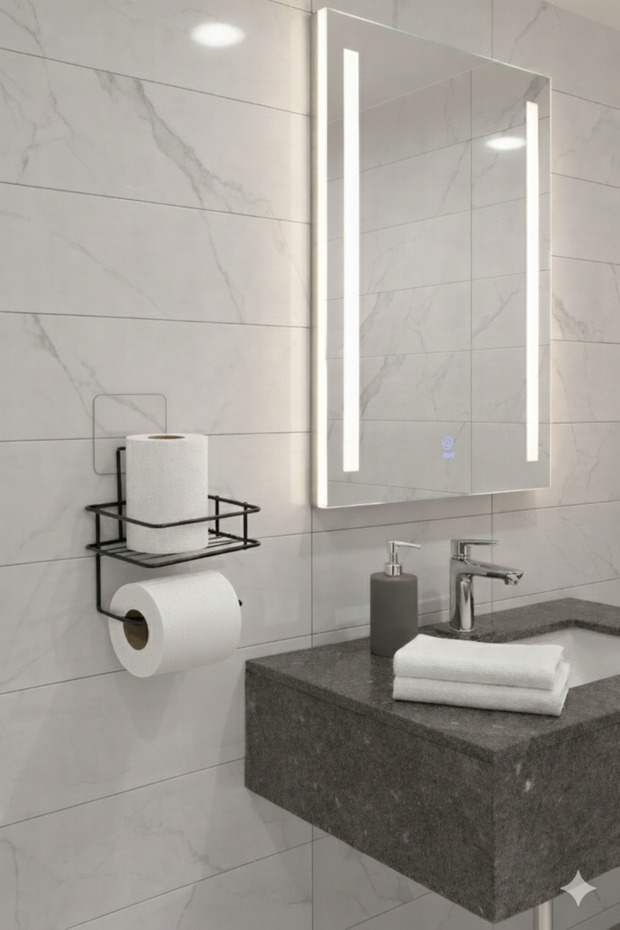 Black Adhesive Toilet Paper Holder - No Drilling Refillable Paper Holder and Bathroom Shelf - Matte Black