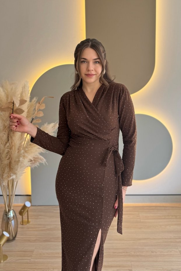 Shoulder Pad Piece Tied Brown Midi Dress with Slit Stones