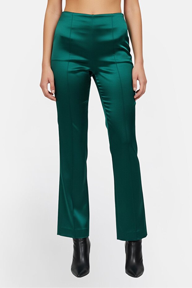 Women Regular Fit Plain Emerald Satin Flare Pants, Dark Green