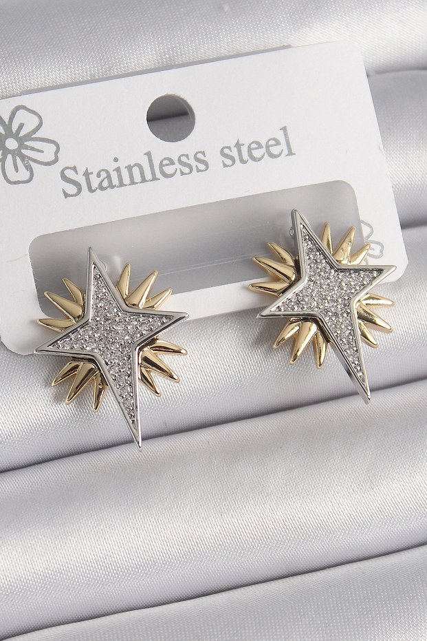 Brass Gold Silver Rk Zircon Stone Pole Star Model Women's Earrings