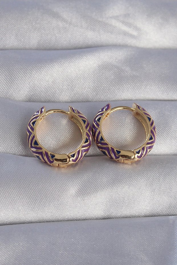 Brass Gold Rk Purple Ethnic Patterned Hoop Earrings