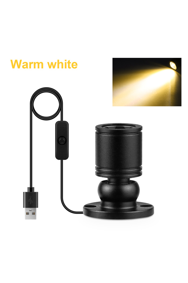 مصباح كشاف صغير دوار بلون أسود دافئ، بقوة 1 واط، مزود بمنفذ USB بجهد 5 فولت، يُثبت على السطح.