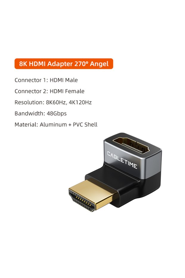 Orange CABLETIME 270 Degree 8K HDMI Adapter Male to Female HDMI2.1 Adapter 48Gbps for HDTV Projector