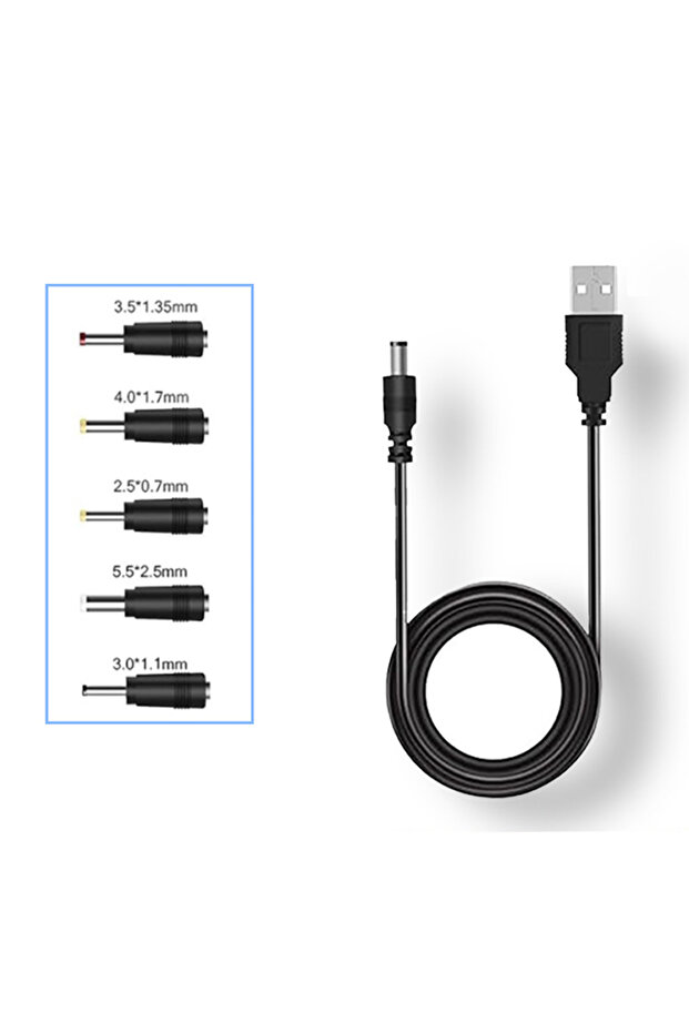 كابل طاقة أسود 5 في 1 من USB إلى 5 فولت تيار مستمر، مزود بمقبس 5.5 × 2.5 ملم، سلك شحن بخمسة موصلات قابلة للاختيار.