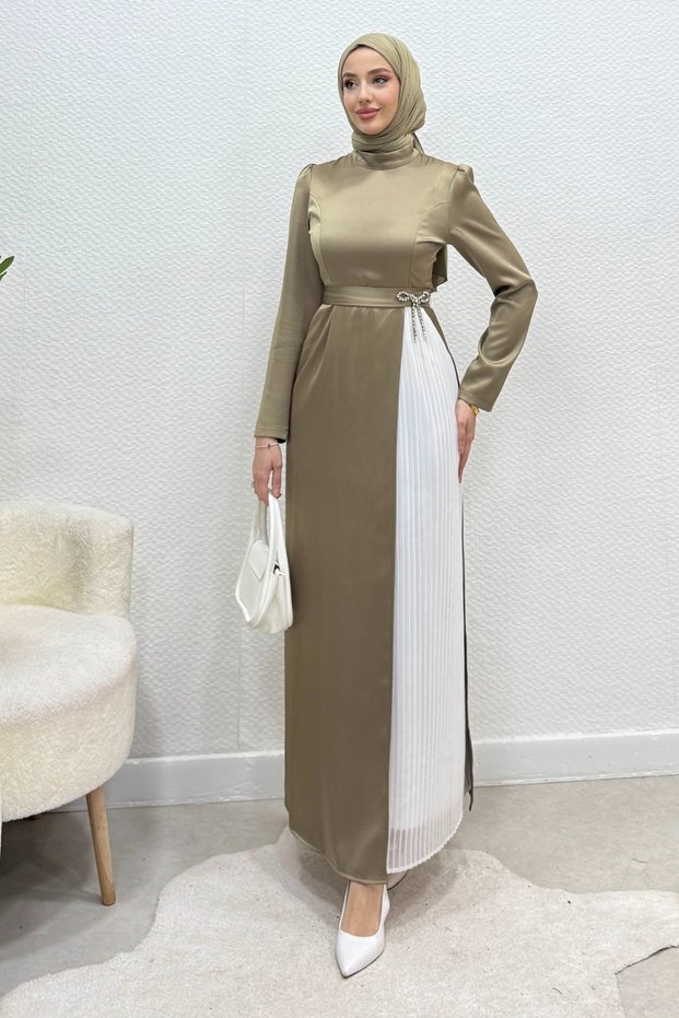 Henna Bow Detailed Crepe Satin Hijab Evening Dress - Khaki
