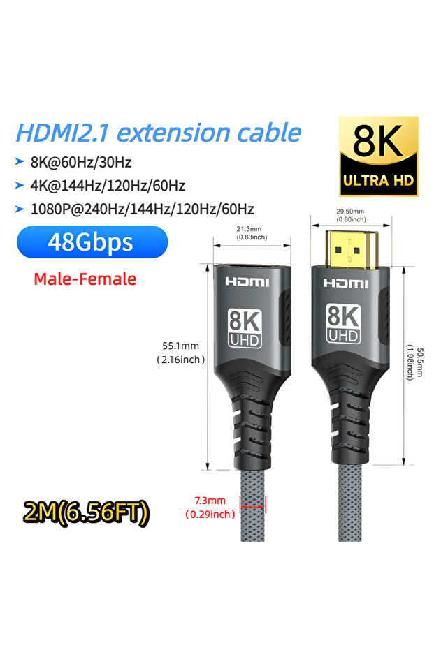 8K Extender Cable-2M HDMI-compatible Extension Cable 1m 2m Male To Female 8K 60Hz 4K 120Hz HDMI2.1 E