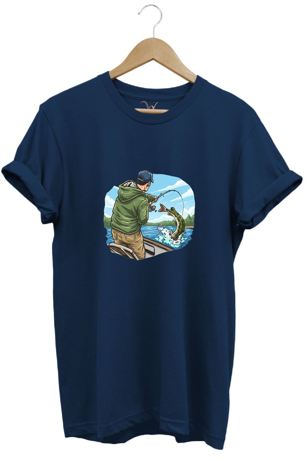 Hunting Fishing Angling on a Boat with a Rod Printed 100% Cotton Regular Fit Crew Neck T-Shirt