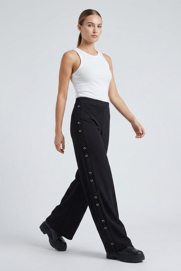Black Steel Interlock Knit Pants with Eyelet Detail