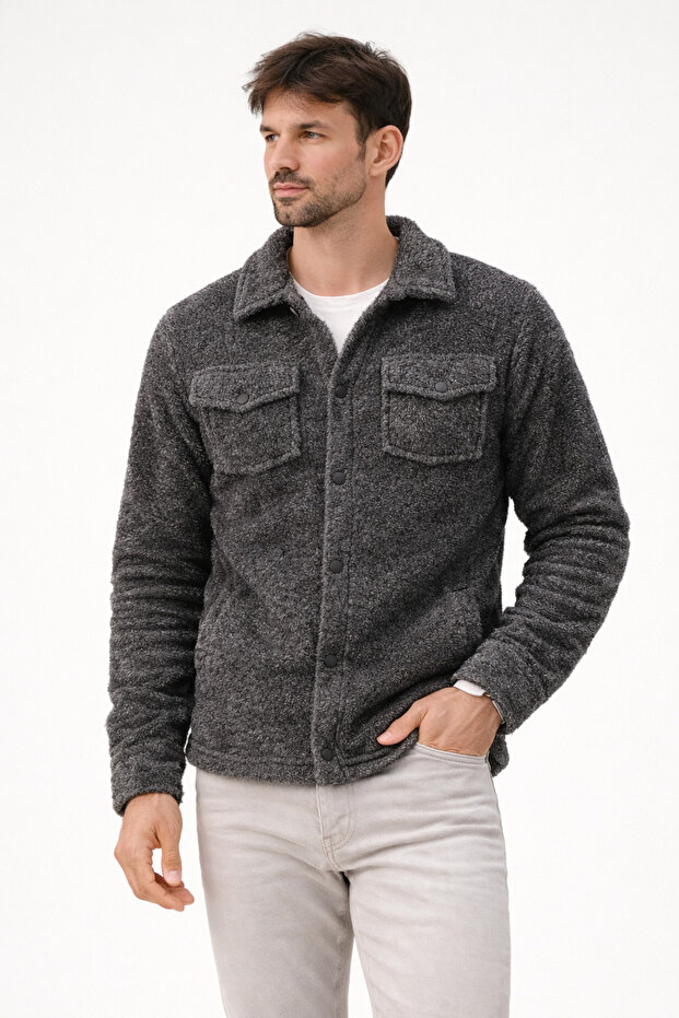 Men's Plush Soft Textured Sherpa Jacket Anthracite
