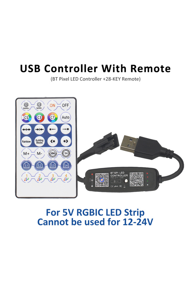 وحدة تحكم USB مع بلوتوث عن بعد بـ 28 مفتاحًا، تعمل بجهد 5 فولت تيار مستمر، 12 فولت، 24 فولت، تحكم عن بعد عبر تطبيق لتشغيل الموسيقى على شاشة Pixel LED