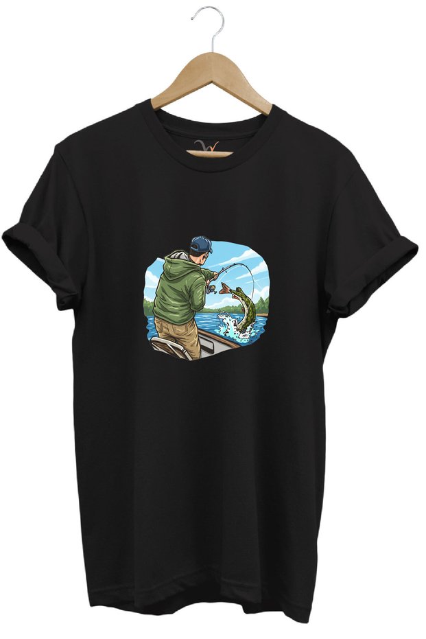Hunting Fishing Angling on a Boat with a Rod Printed 100% Cotton Regular Fit Crew Neck T-Shirt