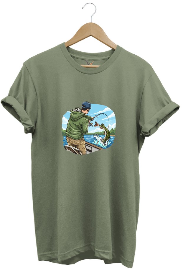 Hunting Fishing Angling on a Boat with a Rod Printed 100% Cotton Regular Fit Crew Neck T-Shirt