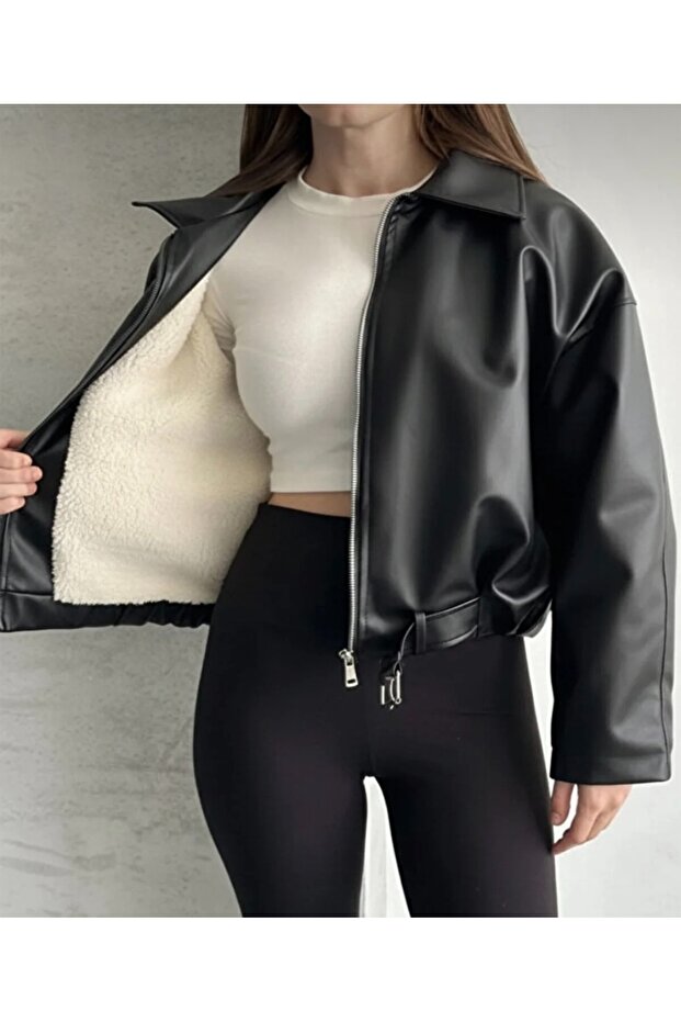 Women's New Season Leather Jacket with Plush Lining and Belt