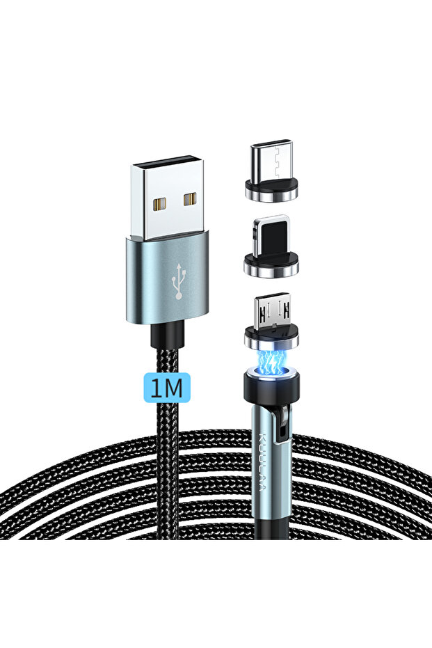 كابل مغناطيسي 3 في 1 بطول 1 متر 540 ° شاحن مغناطيسي سريع الدوران مع منفذ مايكرو USB ونوع C