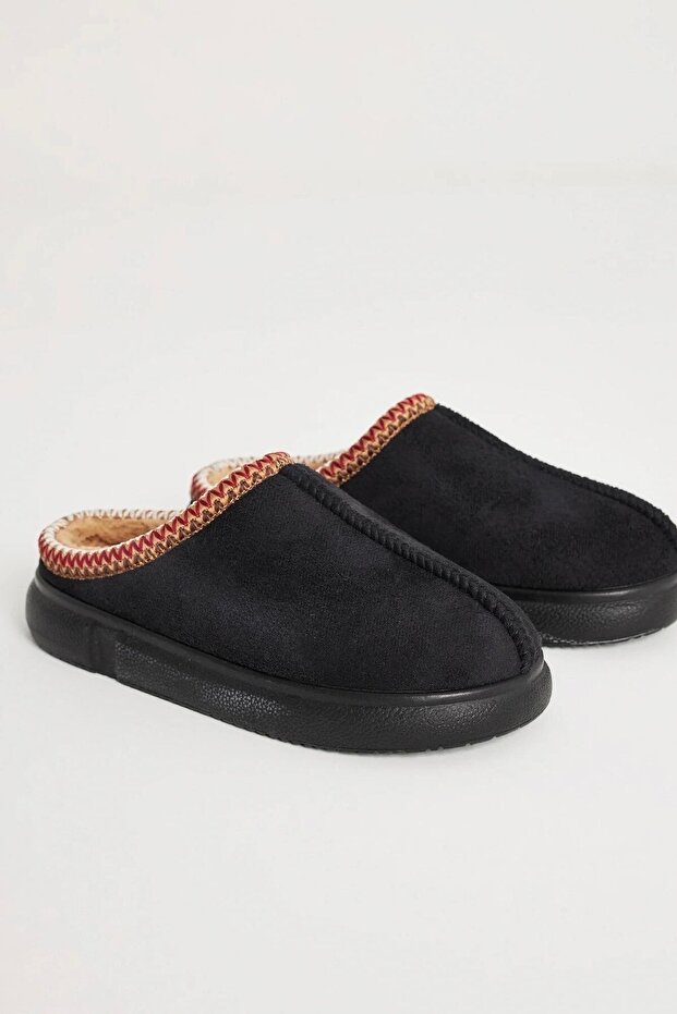 Black Suede Ethnic Patterned Slippers