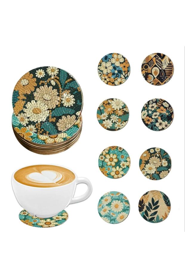 AA1648B 8 Pieces DIY Diamond Painting Art Set Flower Pattern Coaster Special Shape Crystal Artificia